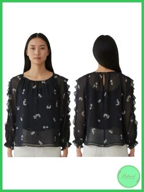 Ann Taylor Navy Blue Floral Long Sleeve Blouse